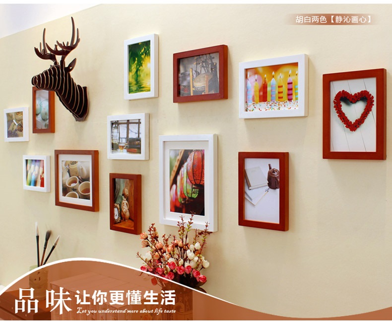 子轩立体墙饰IP503鹿头实木相框创意照片墙/相框墙/相框组合 胡白两色静沁画心