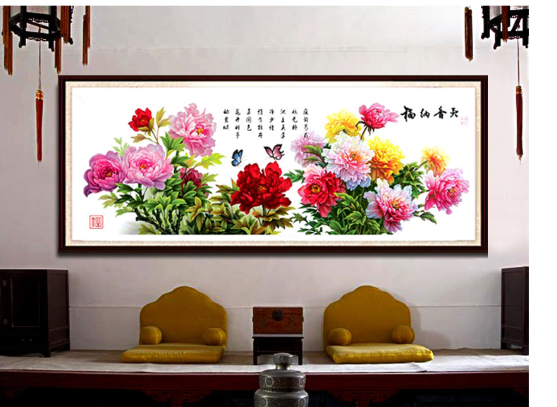 梦雅莉 印花十字绣天香纳福 十字绣牡丹花花开富贵图客厅风景2米图 9CT大格-四股绣-丝线款233*84cm