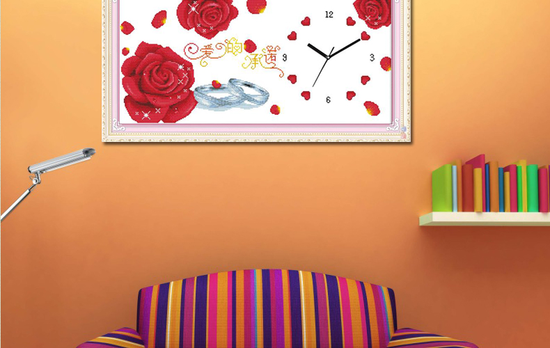 包邮 蒙娜丽莎十字绣5D钻石画砖石画爱情红玫瑰花戒指钟表系列十字绣新款客厅卧室挂钟墙画壁画 钻石画爱的承诺107*55厘.
