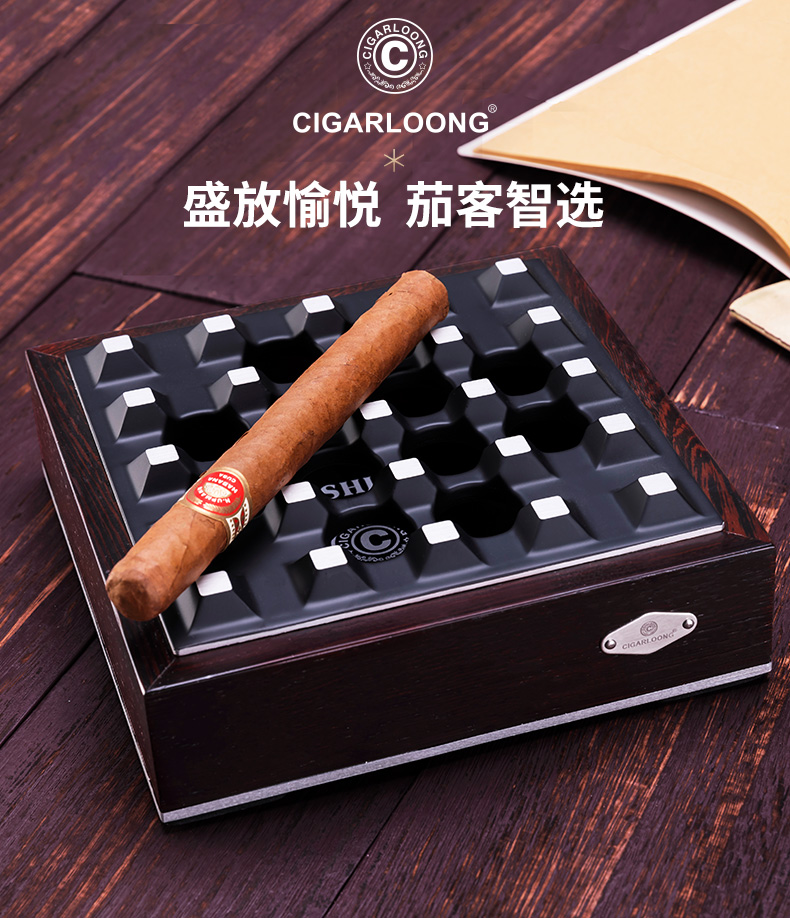 茄皇cigarking雪茄烟灰缸时尚创意黑檀实木个性金属质感四槽大号烟灰