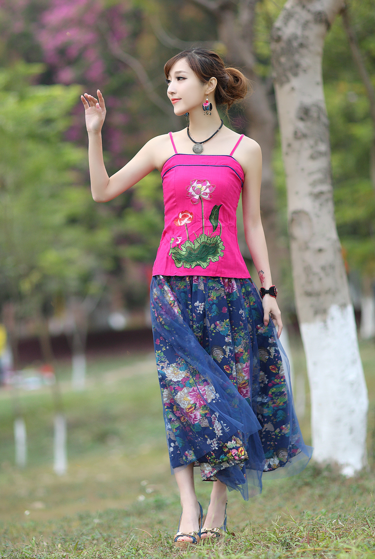 古芙琳2015夏装新款欧根纱百搭棉麻半身裙 复古风文艺范民族风印花女装裙 花朵图案 均码