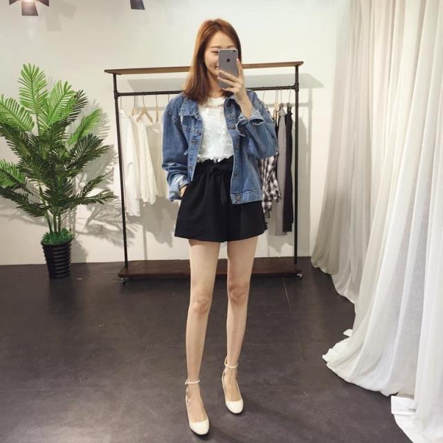 纯束2015韩国百搭显瘦宽边松紧高腰系带花苞阔腿短裤 红色 XS
