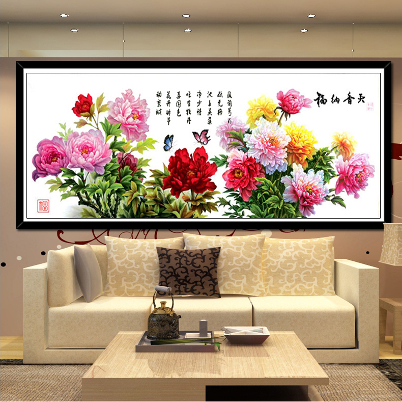 梦雅莉 印花十字绣天香纳福 十字绣牡丹花花开富贵图客厅风景2米图 9CT大格-四股绣-丝线款233*84cm