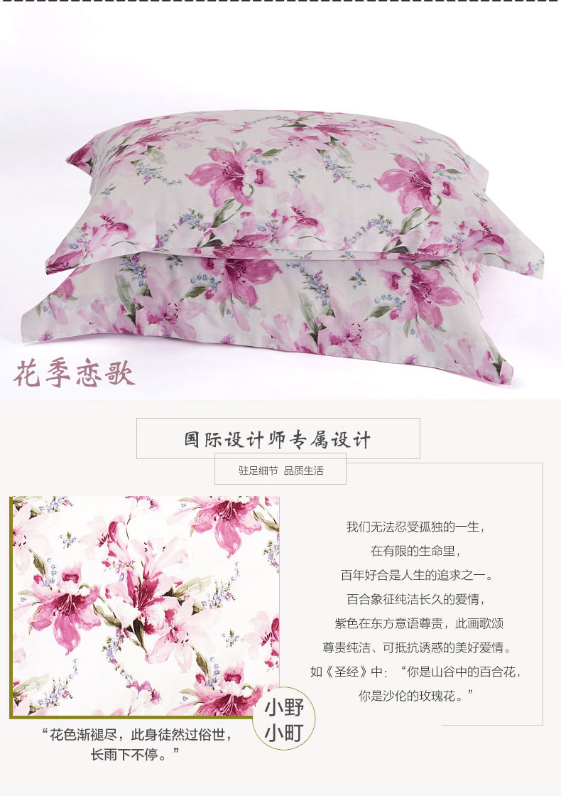 菲罗菈全棉枕套40支全棉210根贡缎枕头套210T枕芯套 超值一对装 花季恋歌 50*90对装