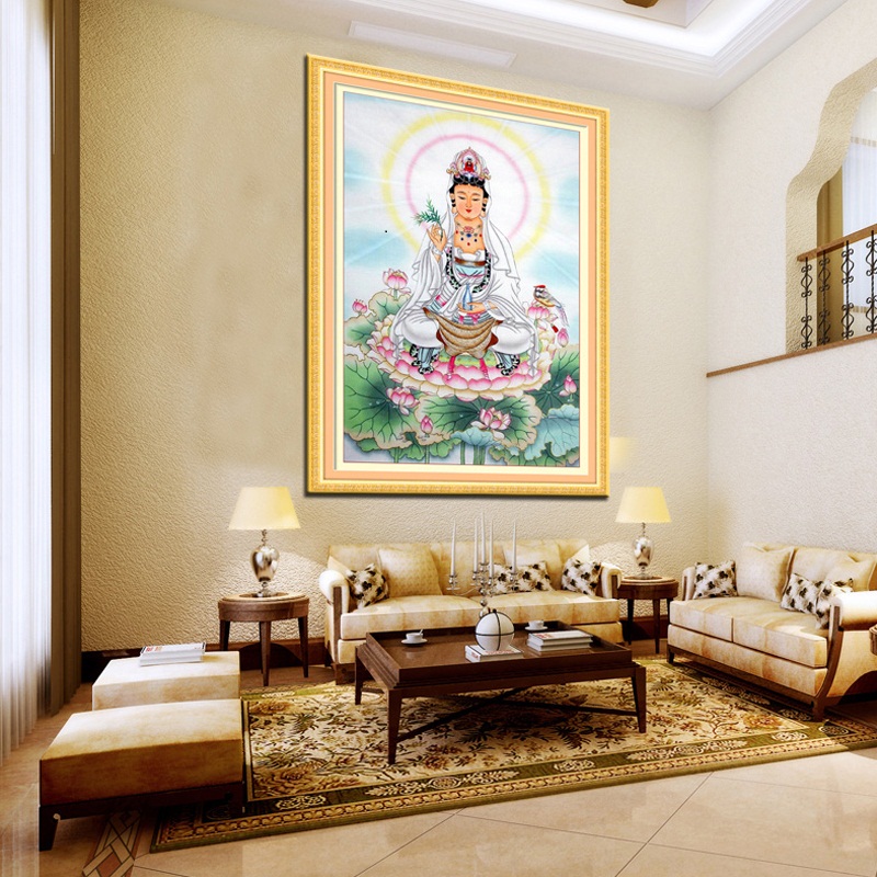 蒙娜丽莎十字绣走廊装饰画坐莲观音现代壁画客厅观世音菩萨法像新观音法像十字绣观音菩萨宗教墙画 大格棉线新观音法像84*12.