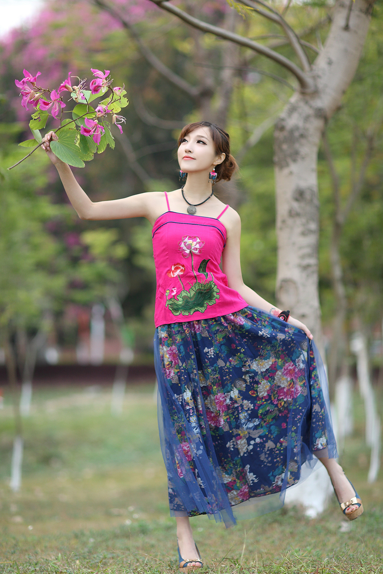 古芙琳2015夏装新款欧根纱百搭棉麻半身裙 复古风文艺范民族风印花女装裙 花朵图案 均码