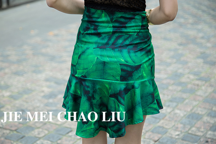 情妮妃2015实拍欧美风潮牌蕾丝性感透明上衣+树叶印花半身裙鱼尾裙套装E0743 图片色 均码