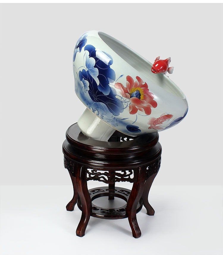 
                                        养荷花 水箱族包邮 景德镇陶瓷金鱼缸  手绘清荷过滤喷水风水乌龟缸 榆木底座风水摆件 D款                