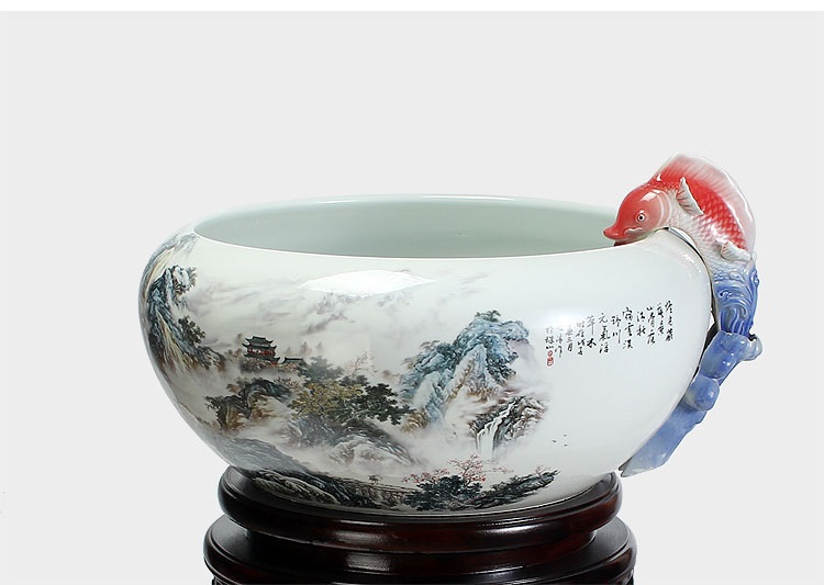 
                                        养荷花 水箱族包邮 景德镇陶瓷金鱼缸  手绘清荷过滤喷水风水乌龟缸 榆木底座风水摆件 D款                