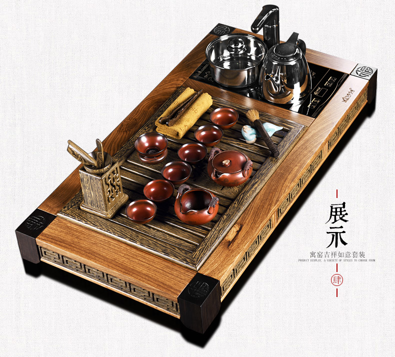 尚言坊整套陶瓷茶具 黑檀木鸡翅木实木茶盘 紫砂茶具套装四合一 鸡翅木五福四合一手绘三鱼图10入