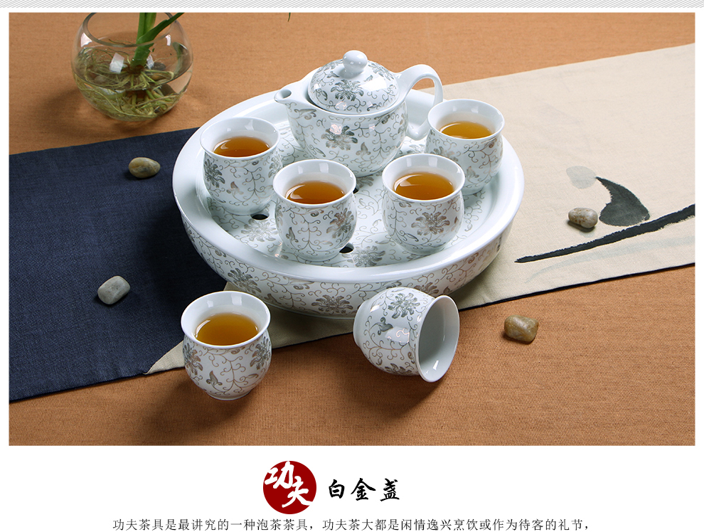 闽毓 茶具套装特价促销 双层陶瓷功夫茶具套装促销带茶盘隔热 水点桃花