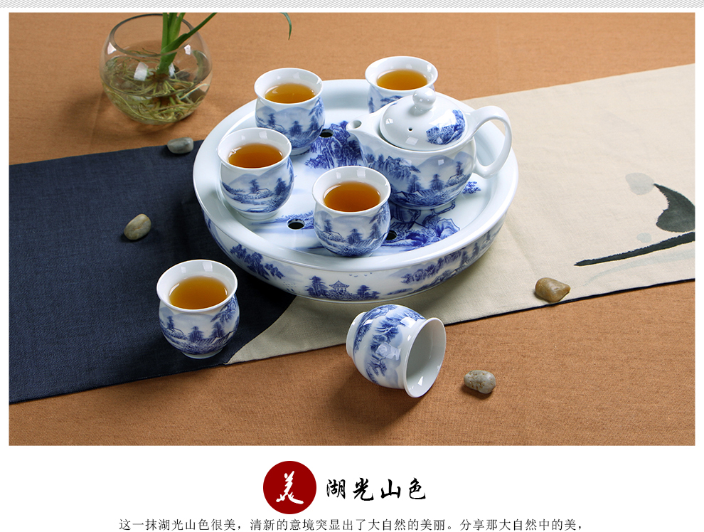 闽毓 茶具套装特价促销 双层陶瓷功夫茶具套装促销带茶盘隔热 水点桃花