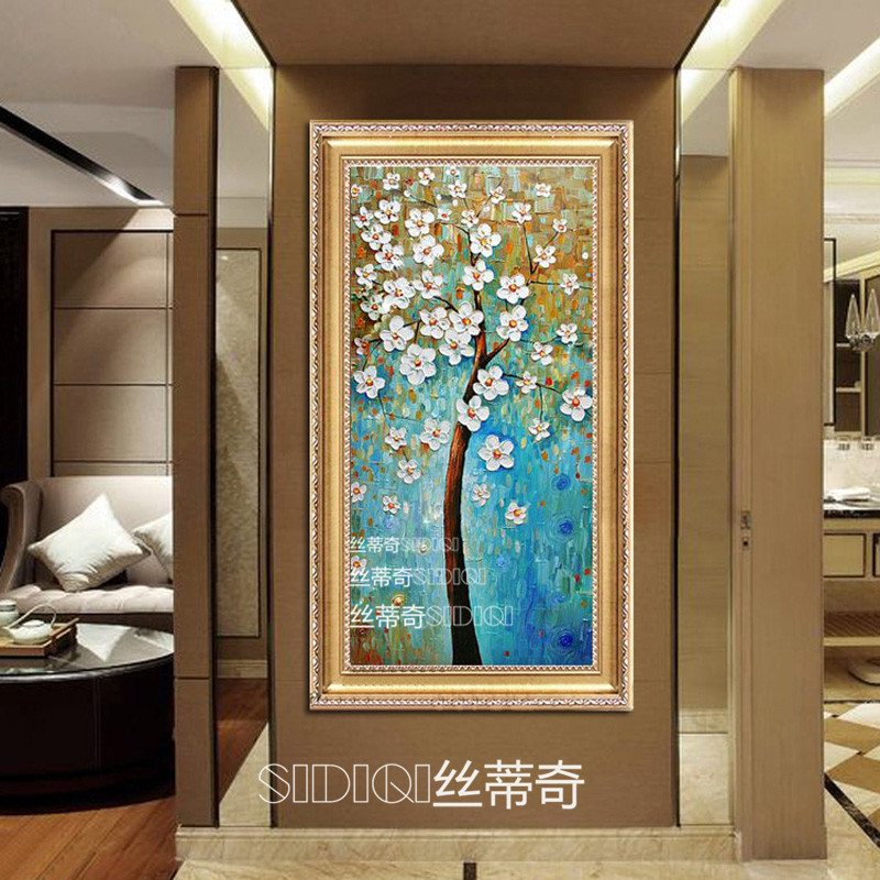 
                                        丝蒂奇SIDIQI手绘欧式玄关油画现代家居挂画走廊时尚有框装饰画 抽象竖版壁画发财树 欧式雕花金外框 宽80*高150                