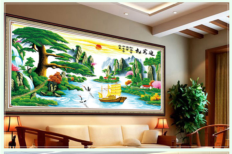 
                                        好绒绒（HAORONGRONG） 纯手工十字绣成品迎客松万里长城富贵绵延山水画风景客厅画 纯手工成品240*90cm                