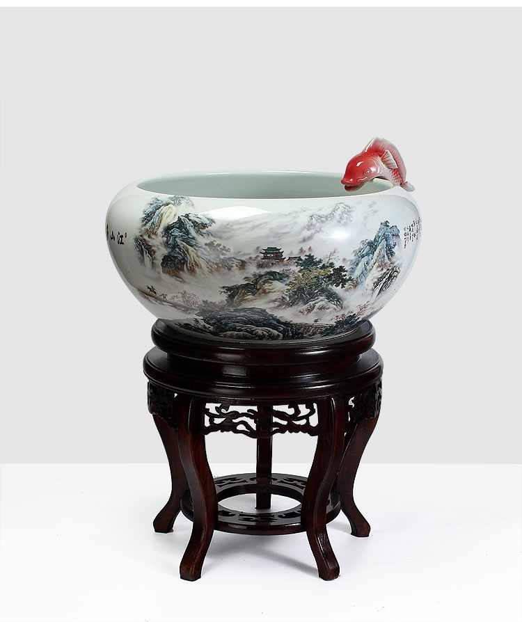 
                                        养荷花 水箱族包邮 景德镇陶瓷金鱼缸  手绘清荷过滤喷水风水乌龟缸 榆木底座风水摆件 D款                