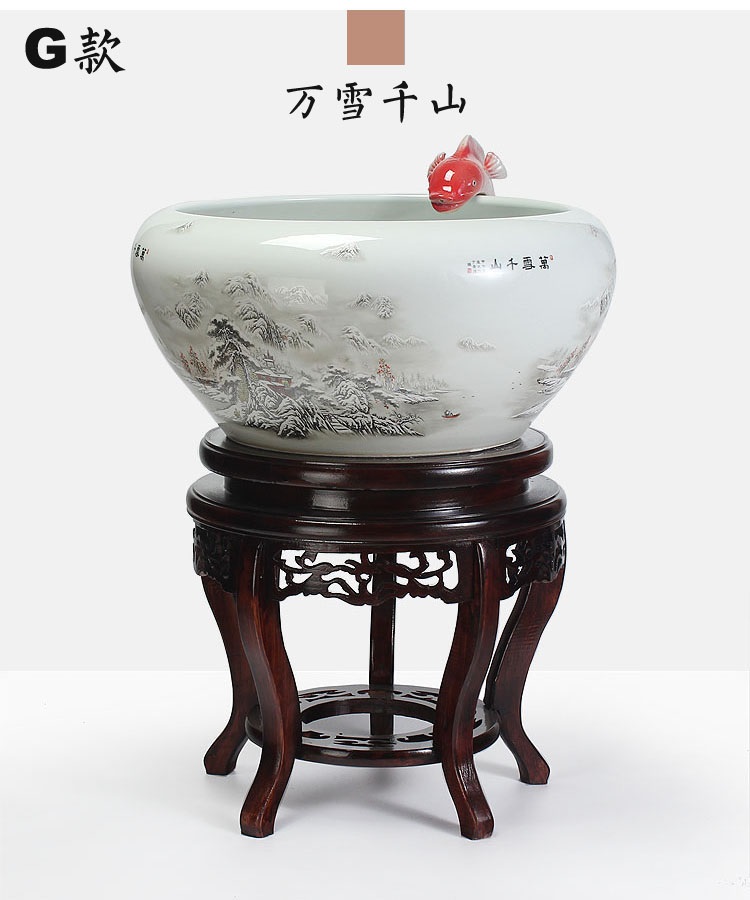 
                                        养荷花 水箱族包邮 景德镇陶瓷金鱼缸  手绘清荷过滤喷水风水乌龟缸 榆木底座风水摆件 D款                