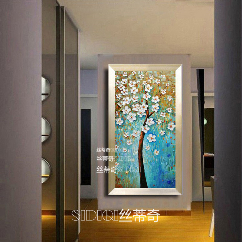
                                        丝蒂奇SIDIQI手绘欧式玄关油画现代家居挂画走廊时尚有框装饰画 抽象竖版壁画发财树 欧式雕花金外框 宽80*高150                