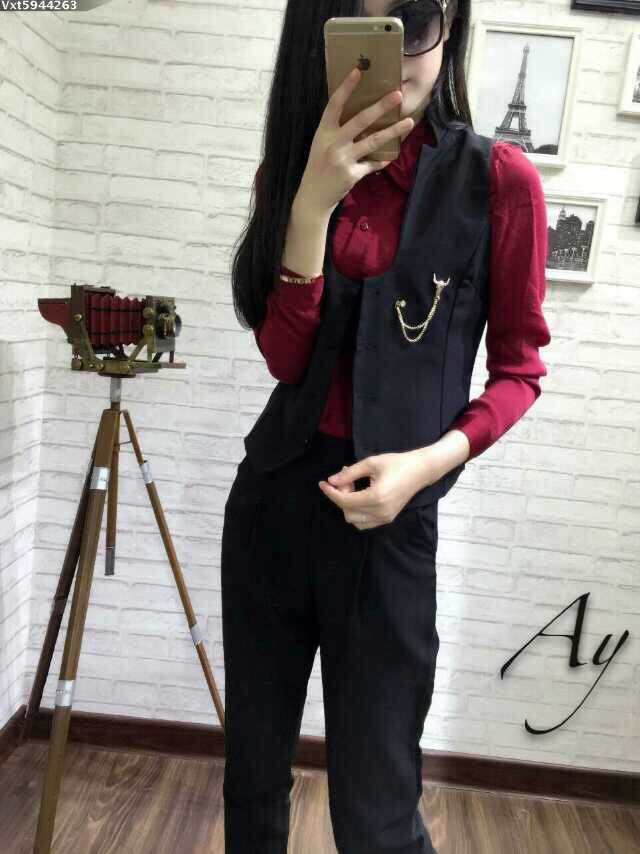 布咪朵2015新款女装时尚修身马甲高腰长裤套装1349T443B 黑色 S