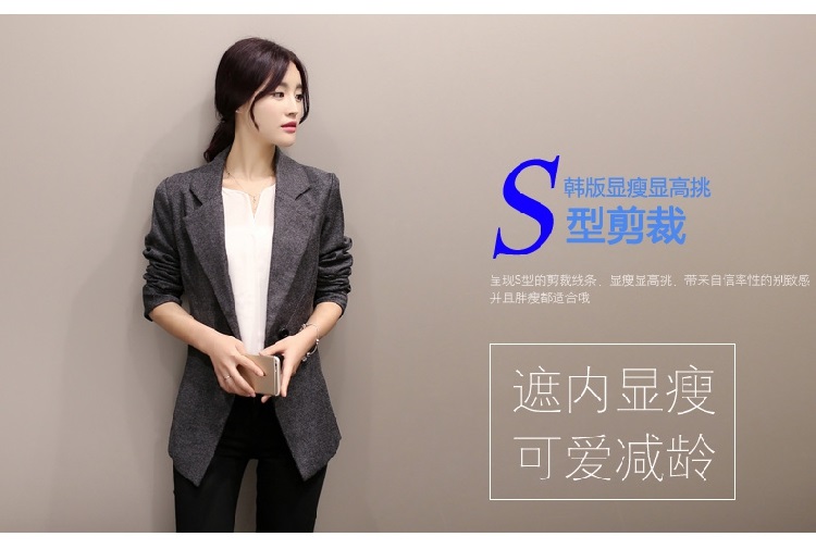 HI!JANE2016春秋季新款女士小西装长袖韩版外套秋装修身职业女装棉麻小西服女 黑色 XXL