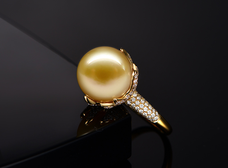 米莱珠宝14145mm金色珍珠戒指女18k金镶嵌钻石15个工作日高级定制15个