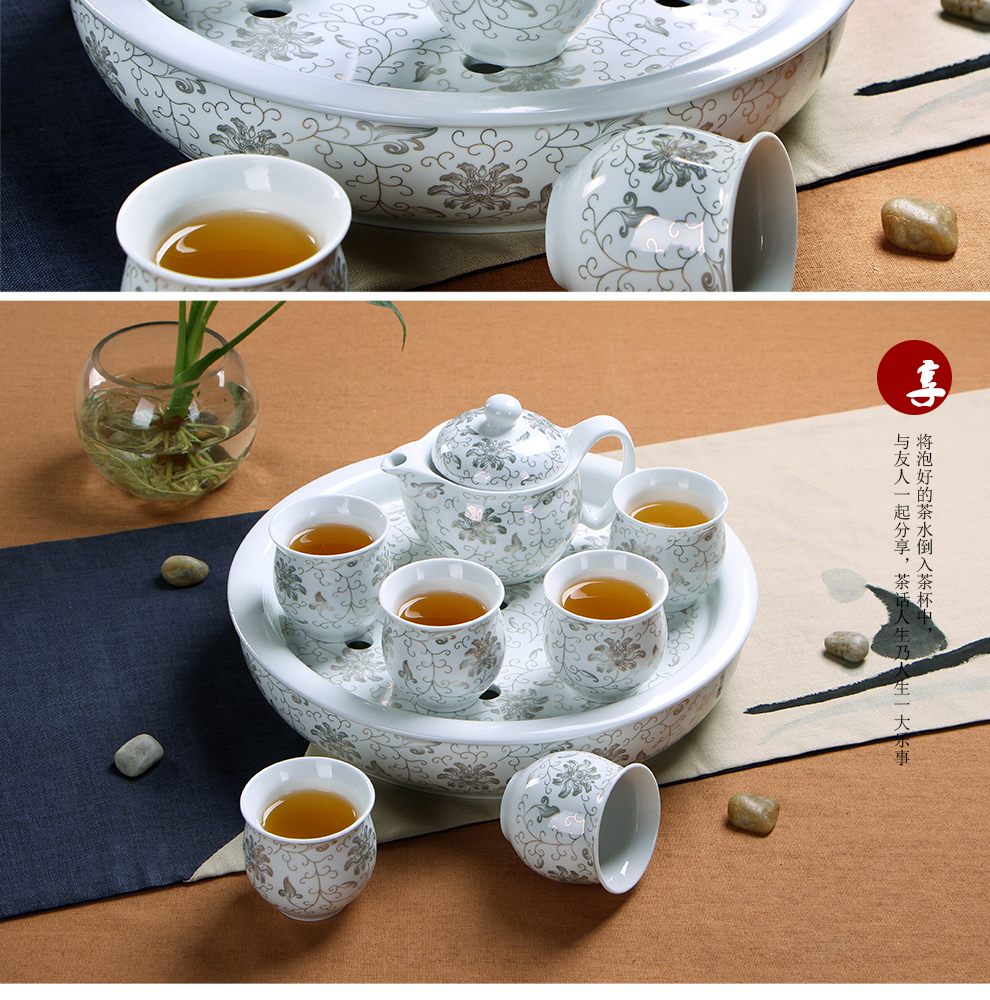 闽毓 茶具套装特价促销 双层陶瓷功夫茶具套装促销带茶盘隔热 水点桃花