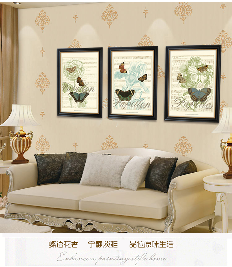 有家装饰画客厅餐厅三联挂画美式乡村蝴蝶小清新植物花卉卧室有框画 B款单幅 高70*宽55cm实木框装裱