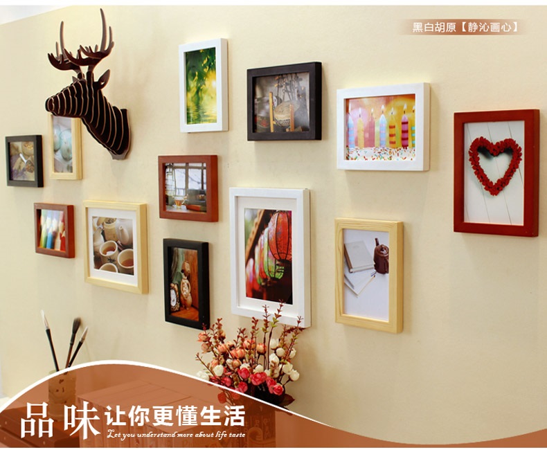 子轩立体墙饰IP503鹿头实木相框创意照片墙/相框墙/相框组合 胡白两色静沁画心