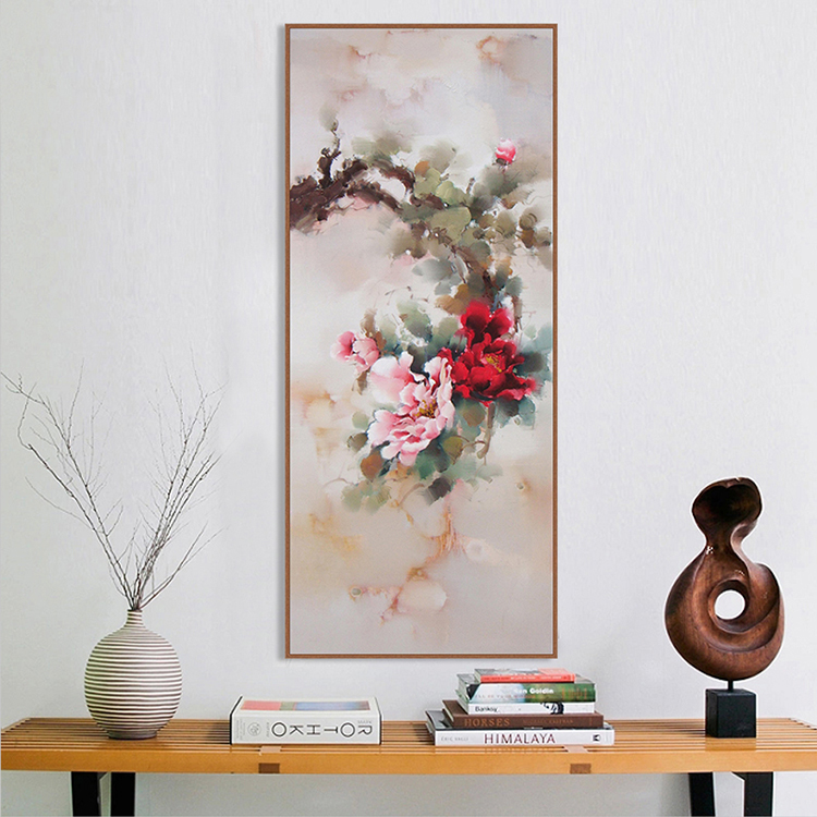 天顶山 中式客厅装饰画现代油画沙发背景墙挂画玄关壁画牡丹花卉 简约画框+手工装裱+简约现代 50x120cm
