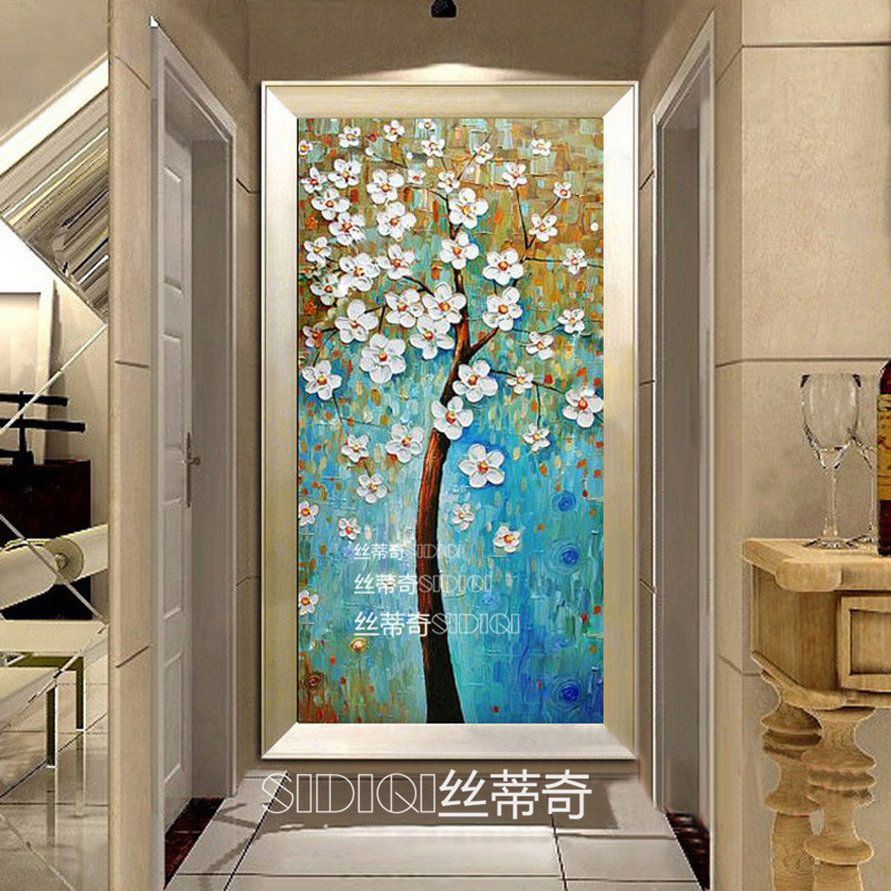
                                        丝蒂奇SIDIQI手绘欧式玄关油画现代家居挂画走廊时尚有框装饰画 抽象竖版壁画发财树 欧式雕花金外框 宽80*高150                