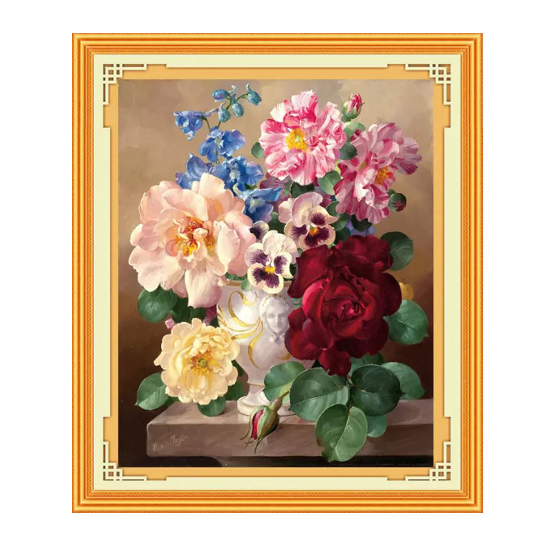 皇室珍品蒙娜丽莎十字绣花瓶红玫瑰风景花卉油画风格春娇百媚新款客厅画 3股绣 丝线大版 全绣 绣布尺寸 60x70厘米