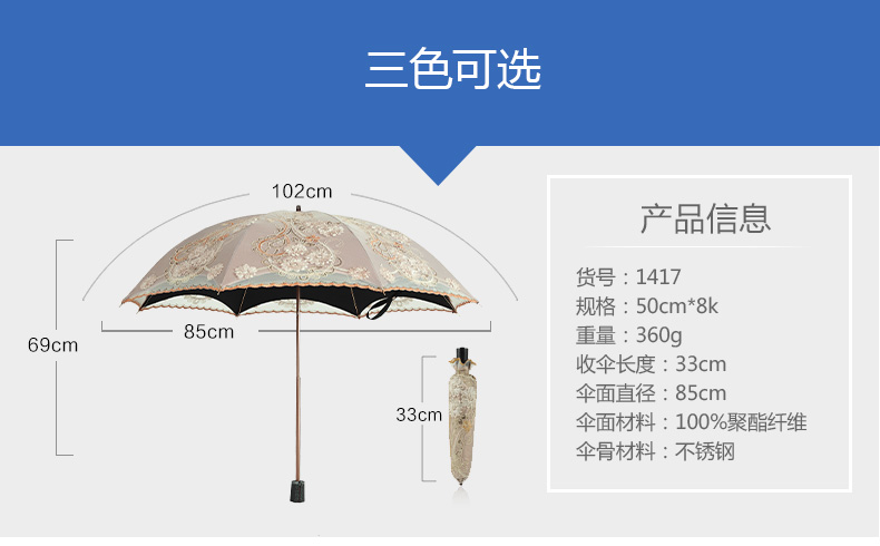 
                                        乐蓝女士手工刺绣金色伞骨黑胶遮阳伞防晒二折蕾丝公主户外晴雨伞太阳伞17 灰色                