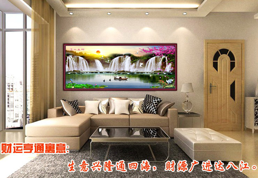 
                                        旭日东升钻石十字绣画 客厅流水生财新款聚宝盆满钻山水风景图 DIY超闪圆钻家居装饰贴钻套件 高端满钻(水晶圆钻)+高清油画布90X38cm                