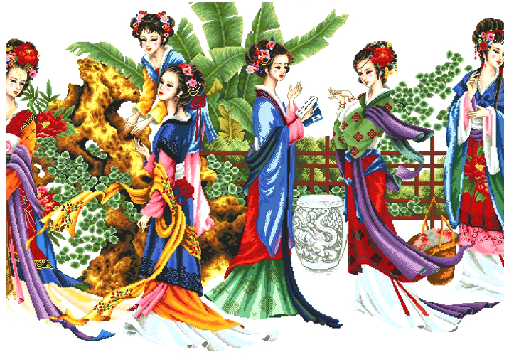 
                                        悠趣 红楼梦美女人物 大幅客厅装饰挂画 精准印花十字绣套件 3.5米十二金钗352*94cm - 棉线 中格3股绣                