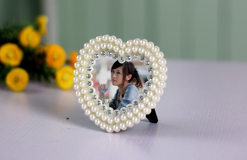 欧式婚庆相框6/7/8/10寸珍珠镶钻摆台结婚礼物影楼摆台水晶摆件 心形双框 3寸心形