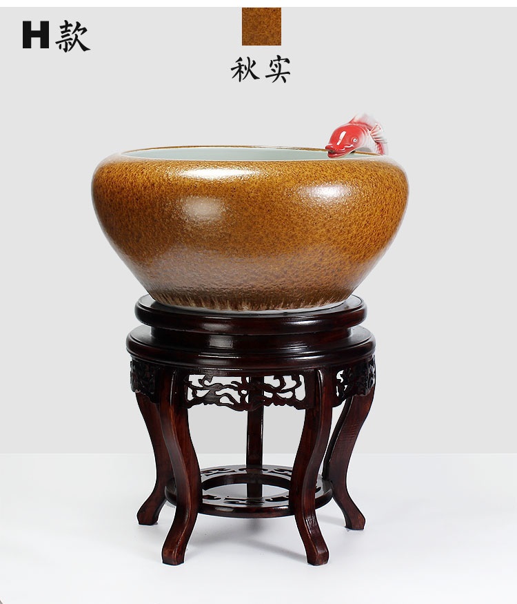 
                                        养荷花 水箱族包邮 景德镇陶瓷金鱼缸  手绘清荷过滤喷水风水乌龟缸 榆木底座风水摆件 D款                