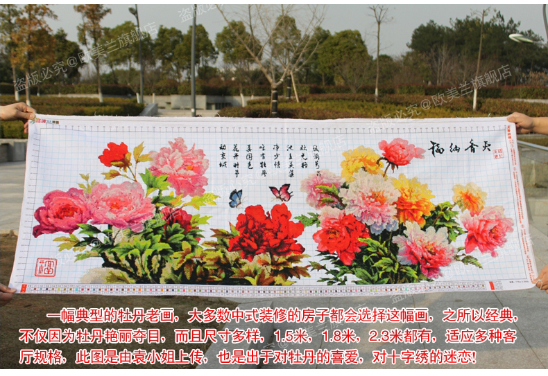 梦雅莉 印花十字绣天香纳福 十字绣牡丹花花开富贵图客厅风景2米图 9CT大格-四股绣-丝线款233*84cm