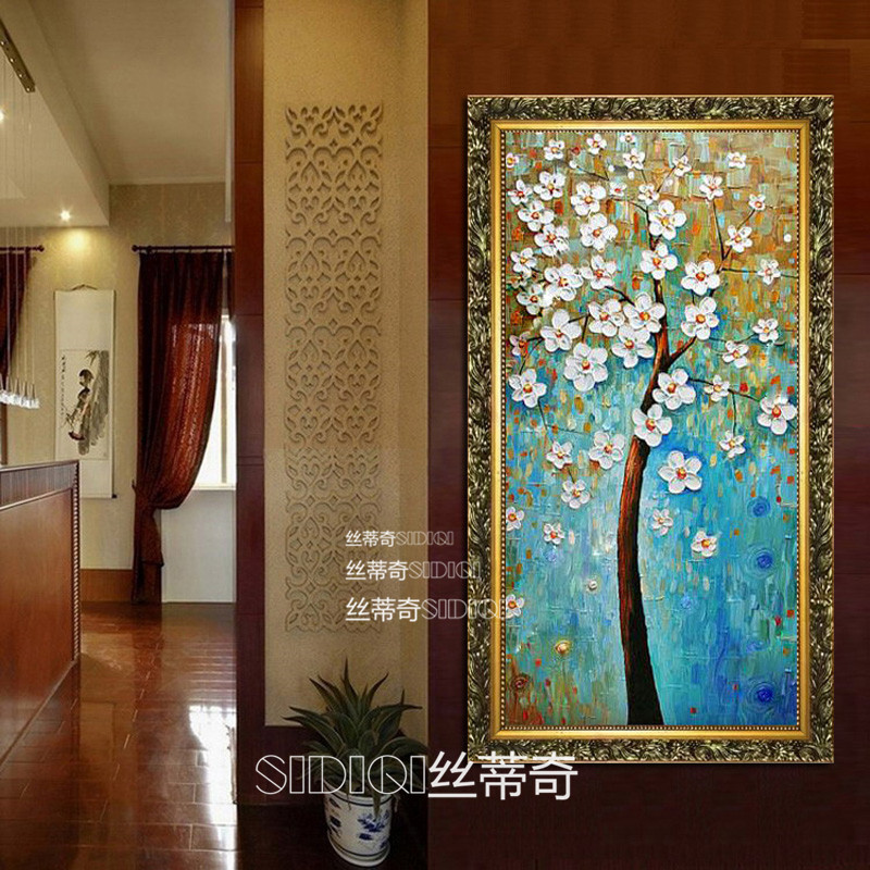 
                                        丝蒂奇SIDIQI手绘欧式玄关油画现代家居挂画走廊时尚有框装饰画 抽象竖版壁画发财树 欧式雕花金外框 宽80*高150                