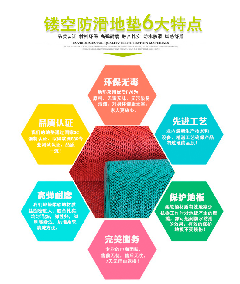 防滑垫S型镂空防滑地垫厕所浴室澡堂地垫塑料PVC耐磨防滑防水卫生间隔水垫 0.5厚 红色 120CM宽/1米长