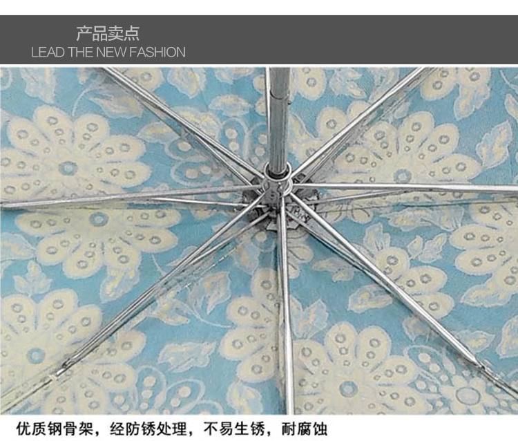 天堂伞 新品樱花若素丝印绣花三折叠女防风防晒绣花太阳伞淑女晴雨伞贴纱绣花遮阳伞df 冰心蓝