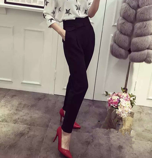芳妍丽芸2015秋季女装韩版百搭哈伦显瘦西装裤 高腰长裤 黑色 墨绿色