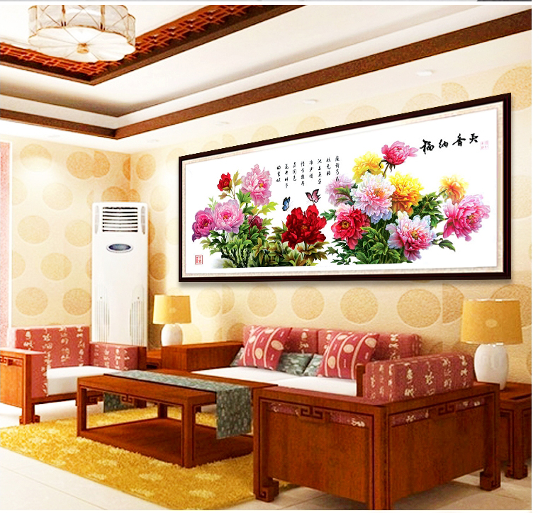 梦雅莉 印花十字绣天香纳福 十字绣牡丹花花开富贵图客厅风景2米图 9CT大格-四股绣-丝线款233*84cm