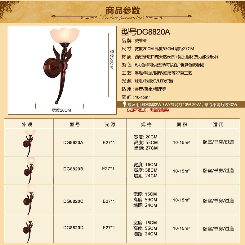 戴维亚 西班牙天然云石灯 欧式全铜壁灯 别墅客厅书房灯具灯饰 A款预售 云石定制