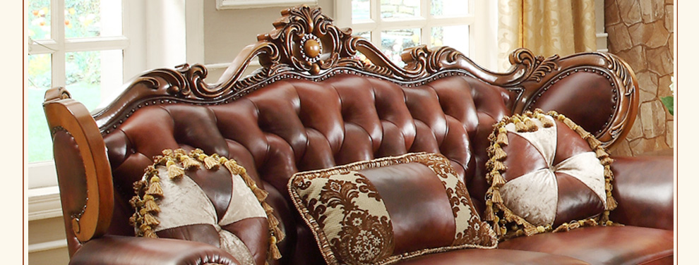 歌庭 美式真皮沙发 高档实木雕花 欧式古典沙发