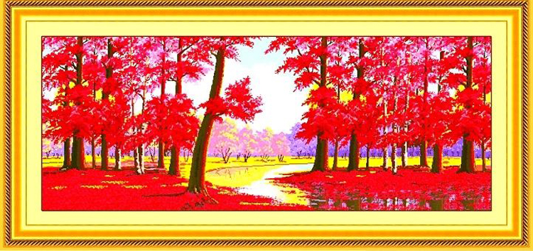 K-S精准印花十字绣风景画枫叶林鸿运当头红运当头全景客厅大幅新款 9CT棉线印花200*80