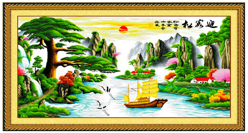 图慕 印花十字绣迎客松2米流水生财十字绣山水风景画客厅图 印花棉线款150*66cm