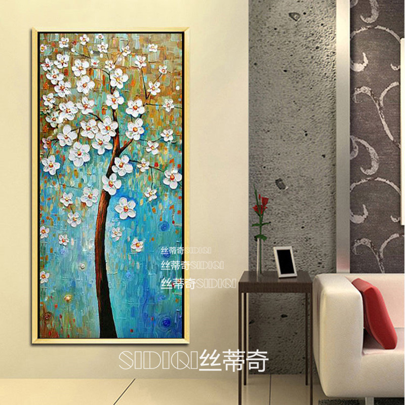 
                                        丝蒂奇SIDIQI手绘欧式玄关油画现代家居挂画走廊时尚有框装饰画 抽象竖版壁画发财树 欧式雕花金外框 宽80*高150                