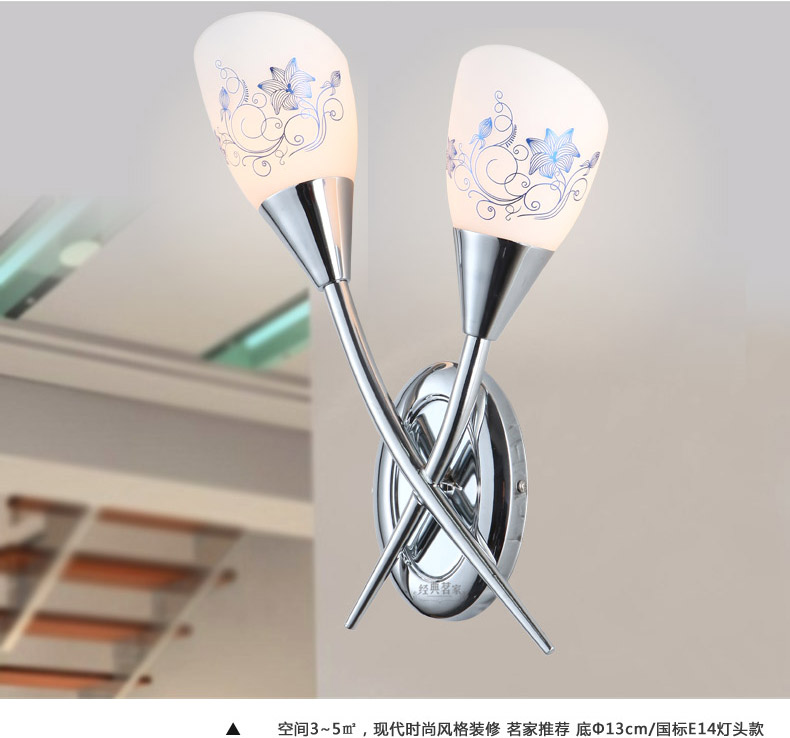 经典茗家灯饰现代简约创意玻璃壁灯卧室床头灯具双头温馨过道灯饰印花B06 灯具/不带灯泡
