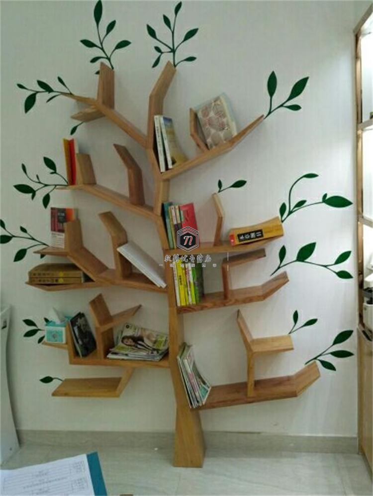 美式创意实木艺术树形墙壁落地书架置物架客厅卧室背景装饰架儿童 1.