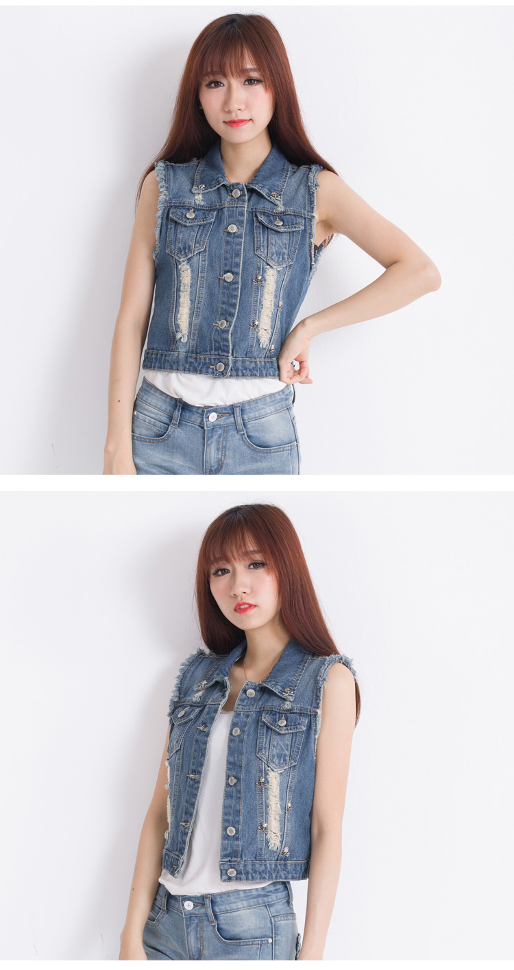 艾莱度 2015破洞牛仔韩版大码上衣马夹背心无袖外套潮N508-C-382 蓝色 XL