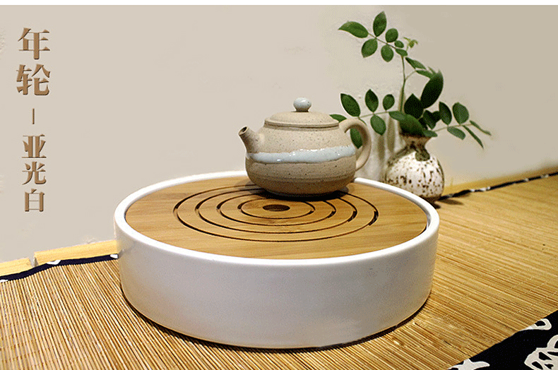 
                                        尚品志年轮茶盘竹制小号茶托茶道功夫茶具圆形陶瓷茶海储水式托盘茶台 亚光白                